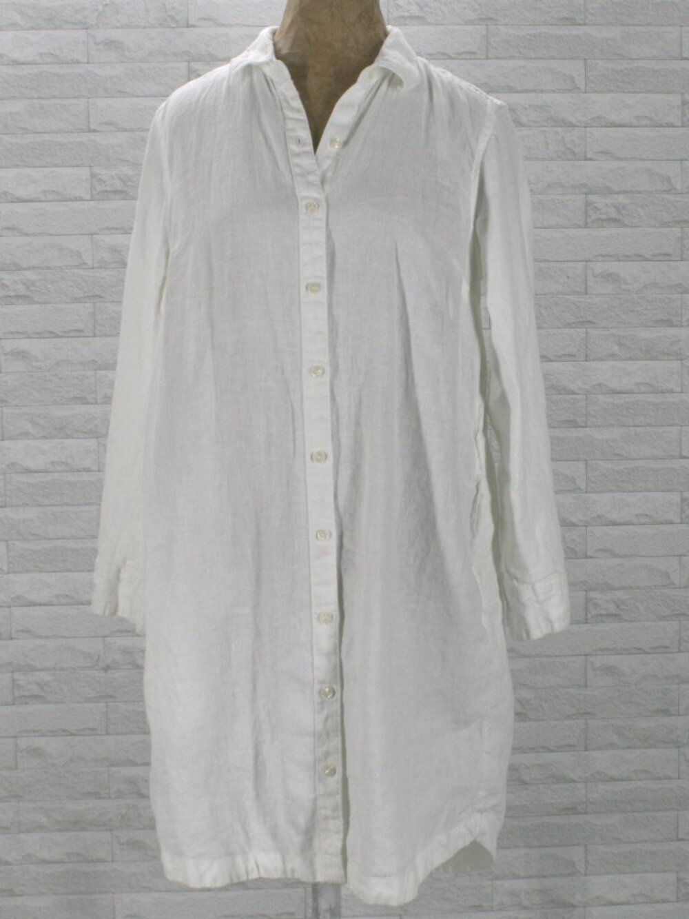 LANDS' END Shirtdress Linen Classic Long Sleeve Button Down Shirt Dress White M